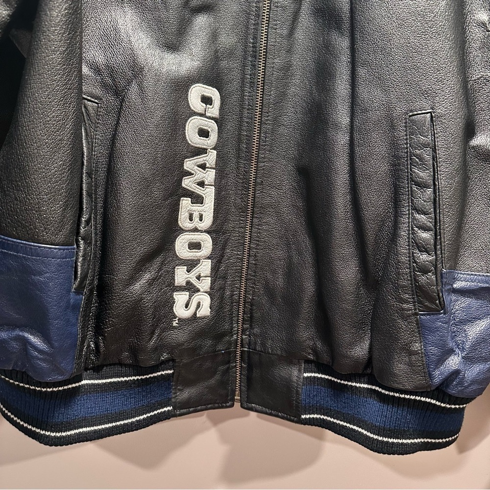 Vintage Carl Banks Dallas Cowboys Black Silver Blue Leather Bomber Jacket XL - Picture 5 of 16